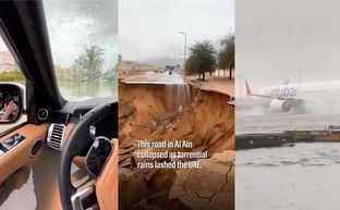 Dubai hứng lượng mưa  1 năm chỉ trong vài giờ, đường hư, sân bay ngập, xe úng nước