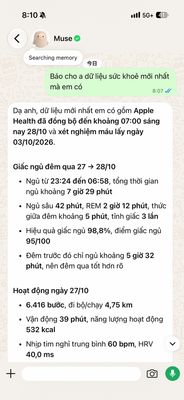 Link dữ liệu sức khoẻ với Muse quá đã! Đúng chất trợ lý cá nhân, chat ngay trên Whatsapp quá...