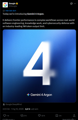 Google vừa chính thức ra mắt Gemini 4 Argon, mẫu mô hình chủ lực được mong đợi từ lâu. Mô hình...