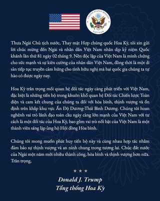Thông điệp của Tổng thống Donald J. Trump nhân dịp Quốc Khánh Việt Nam.