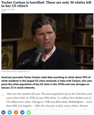 Thầy Tucker Carlson kinh hoàng phát hiện chỉ còn 30% là người da trắng tại một số thành phố lớn...
