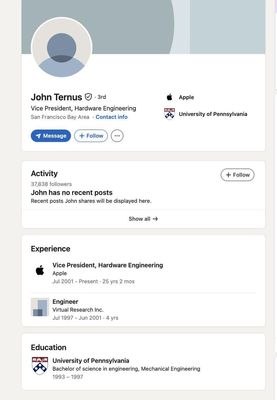LinkedIn của CEO John Ternus, đơn giản dễ hiểu.