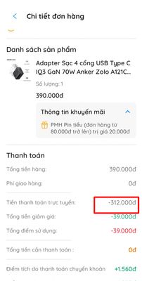 Hôm bữa canh mua đc củ sạc Anker 70w 4 cổng, trừ km còn 312₫ đáng giá ko mấy bác
