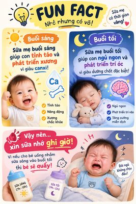 Sữa mẹ buổi sáng giúp con tỉnh táo và phát triển xương vì giàu canxi trong khi sữa mẹ buổi...