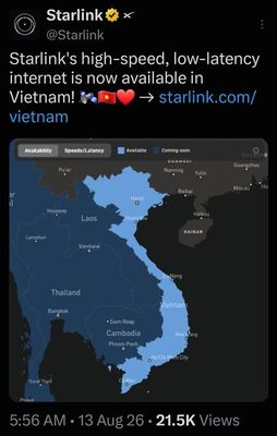Starlink vừa công bố sáng nay lúc 5:56AM, Việt Nam đã được phủ sóng internet vệ tinh hoàn toàn.