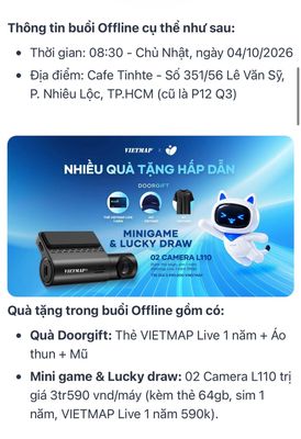 Sáng Chủ nhật 4/10 từ 8:30, nếu rảnh mời bạn ghé Cafe Tinhte tham gia Offline App Vietmap, giao...