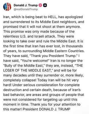 ❌Iran, đang bị đánh tan tác, đã xin lỗi và đầu hàng các nước láng giềng Trung Đông, đồng...