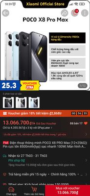 Poco X8 Pro Max bản RAM 12GB, Bộ nhớ trong 256GB giá giảm Voucher còn hơn 13 triệu VNĐ.
