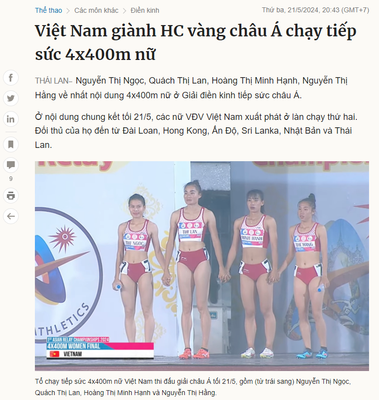 Việt Nam giành HC vàng châu Á chạy tiếp sức 4x400m nữ