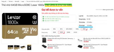 Thẻ nhớ MicroSD tốc độ V90 nhưng mà tốc độ ghi có 150Mb/s có kém không các bác? :D