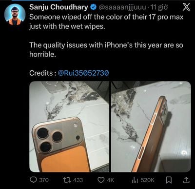 iPhone 17 PM lấy khăn ướt lau là bay màu??