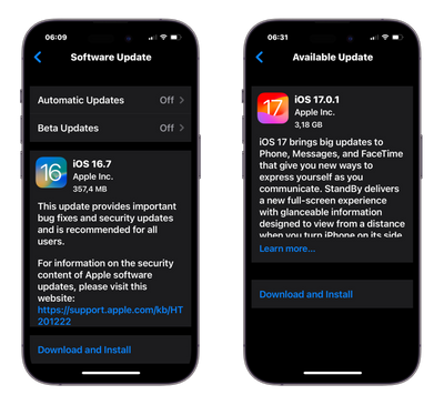 Combo cặp nhật iOS 16.7 và iOS 17.0.1
