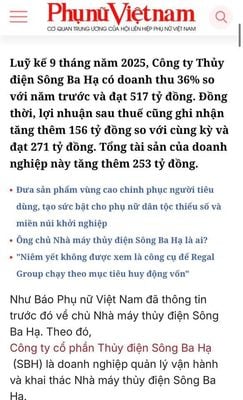 Theo báo Phụ nữ Việt Nam, luỹ kế 9 tháng năm 2025, Công ty Thủy điện Sông Ba Hạ có doanh thu tăng...