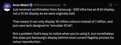 YouTuber MrWhosetheboss được Samsung xác nhận rằng màn hình của Galaxy S26 Ultra là màn hình...